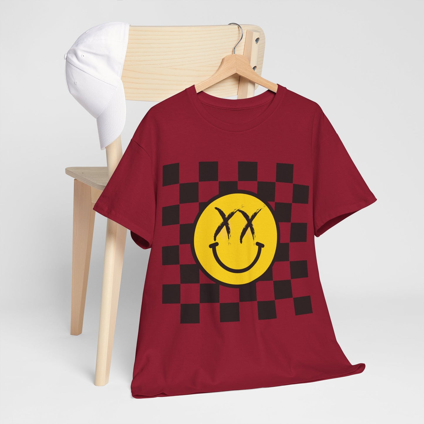 Retro Smile Unisex Tee - Vintage Style Checkered Graphic Shirt, Casual Wear, Streetwear, Gift for Friends, Music Lovers, Men & Women