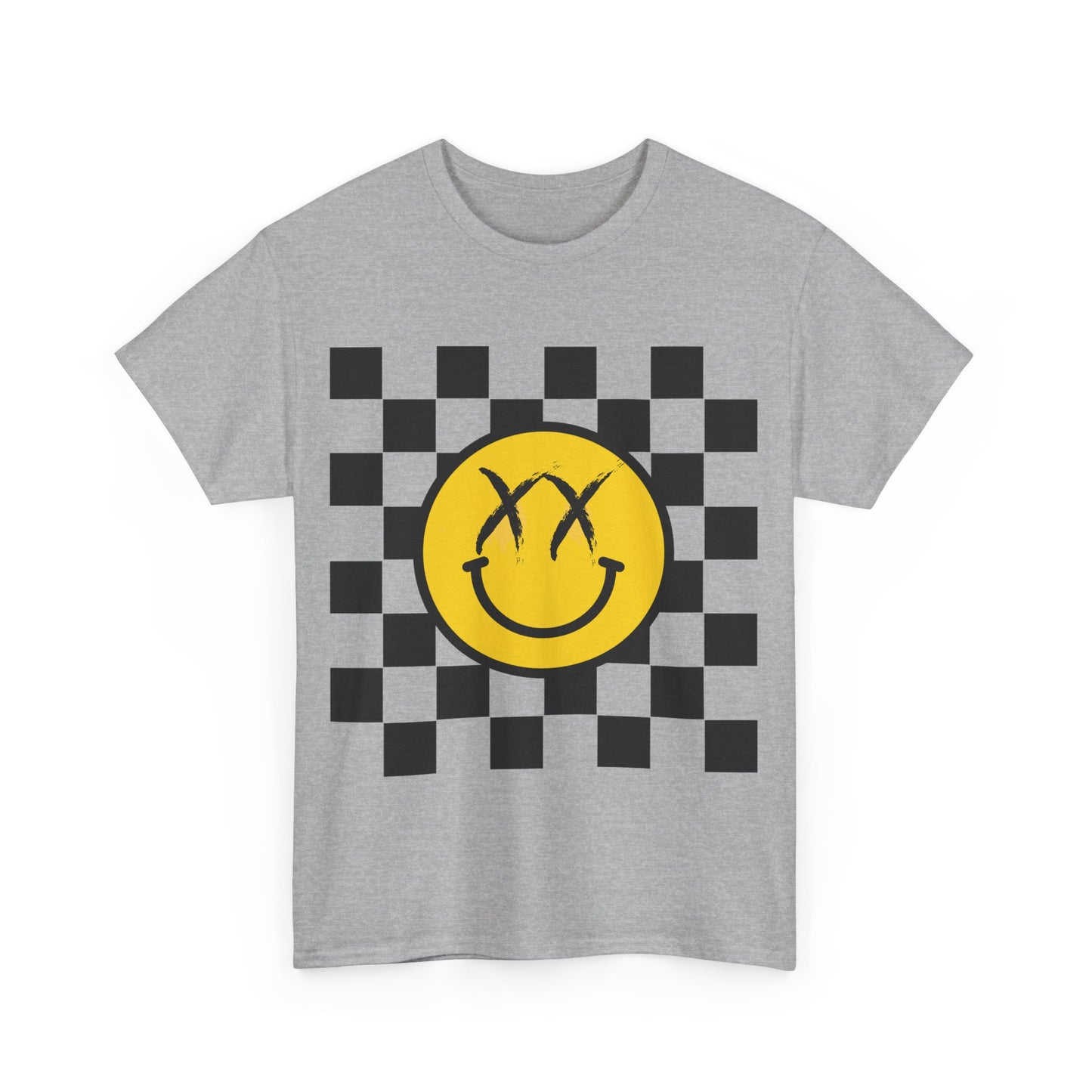 Retro Smile Unisex Tee - Vintage Style Checkered Graphic Shirt, Casual Wear, Streetwear, Gift for Friends, Music Lovers, Men & Women