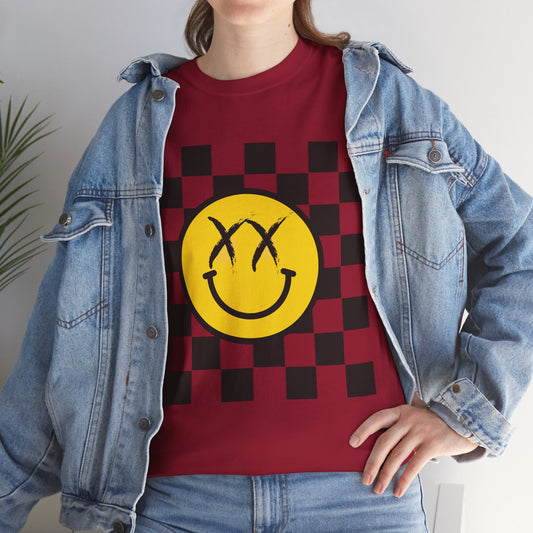 Retro Smile Unisex Tee - Vintage Style Checkered Graphic Shirt, Casual Wear, Streetwear, Gift for Friends, Music Lovers, Men & Women