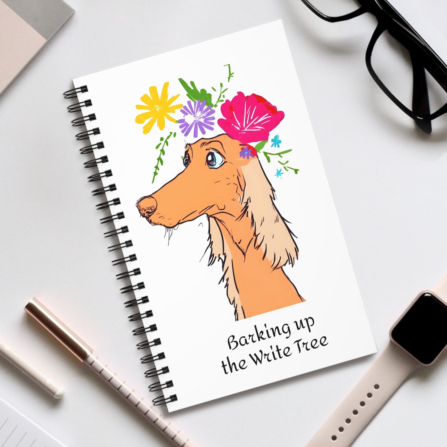 Barking Up the Write Tree Colourful Cartoon Dog Notepad Fun Spiral-Bound Notepad with Lined, Dot, or Journal Paper Options