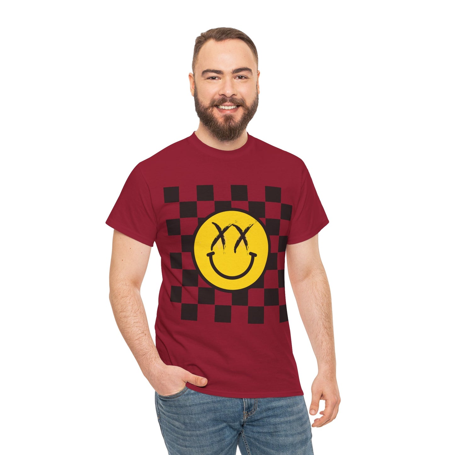 Retro Smile Unisex Tee - Vintage Style Checkered Graphic Shirt, Casual Wear, Streetwear, Gift for Friends, Music Lovers, Men & Women