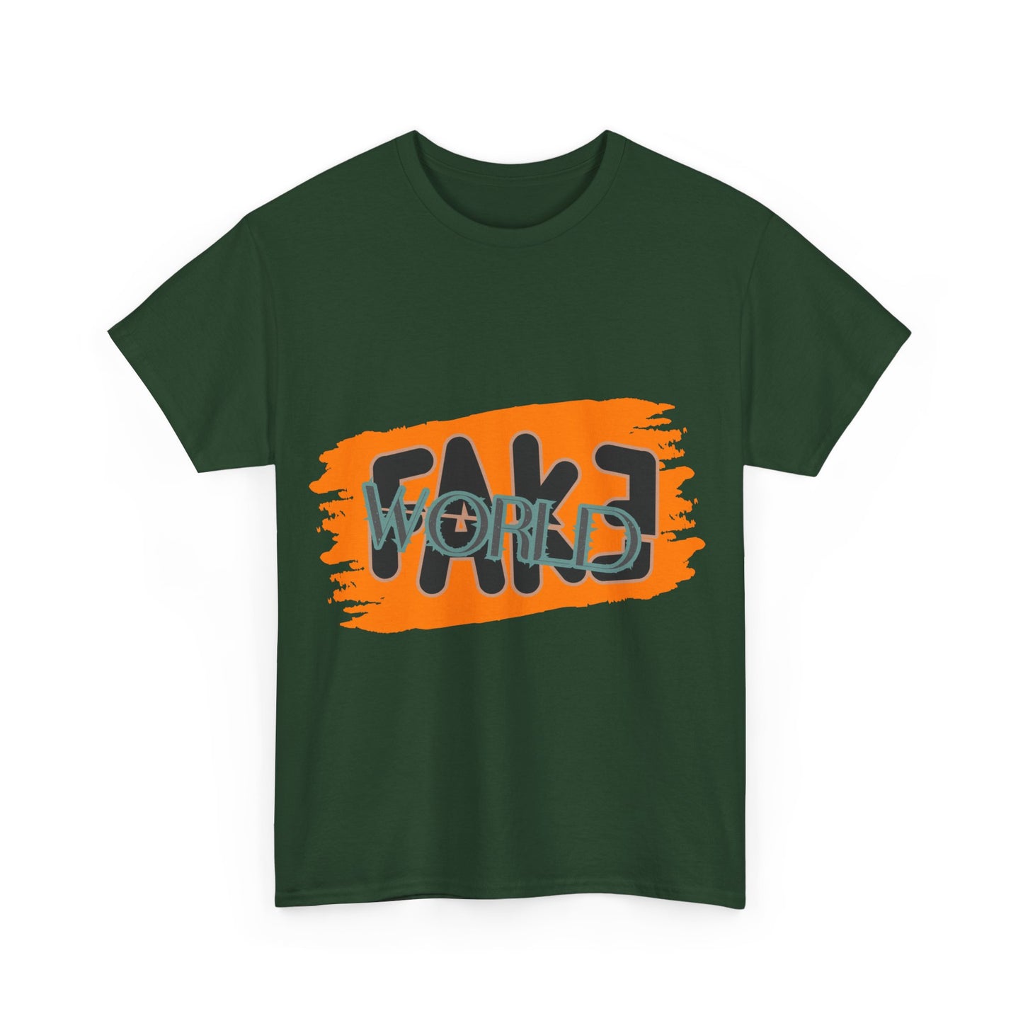 Trendy Graphic Tee - Unisex Heavy Cotton Tee with 'FAKE WORLD' Design, Casual Wear, Gift for Friends, Street Style, Summer Fashion