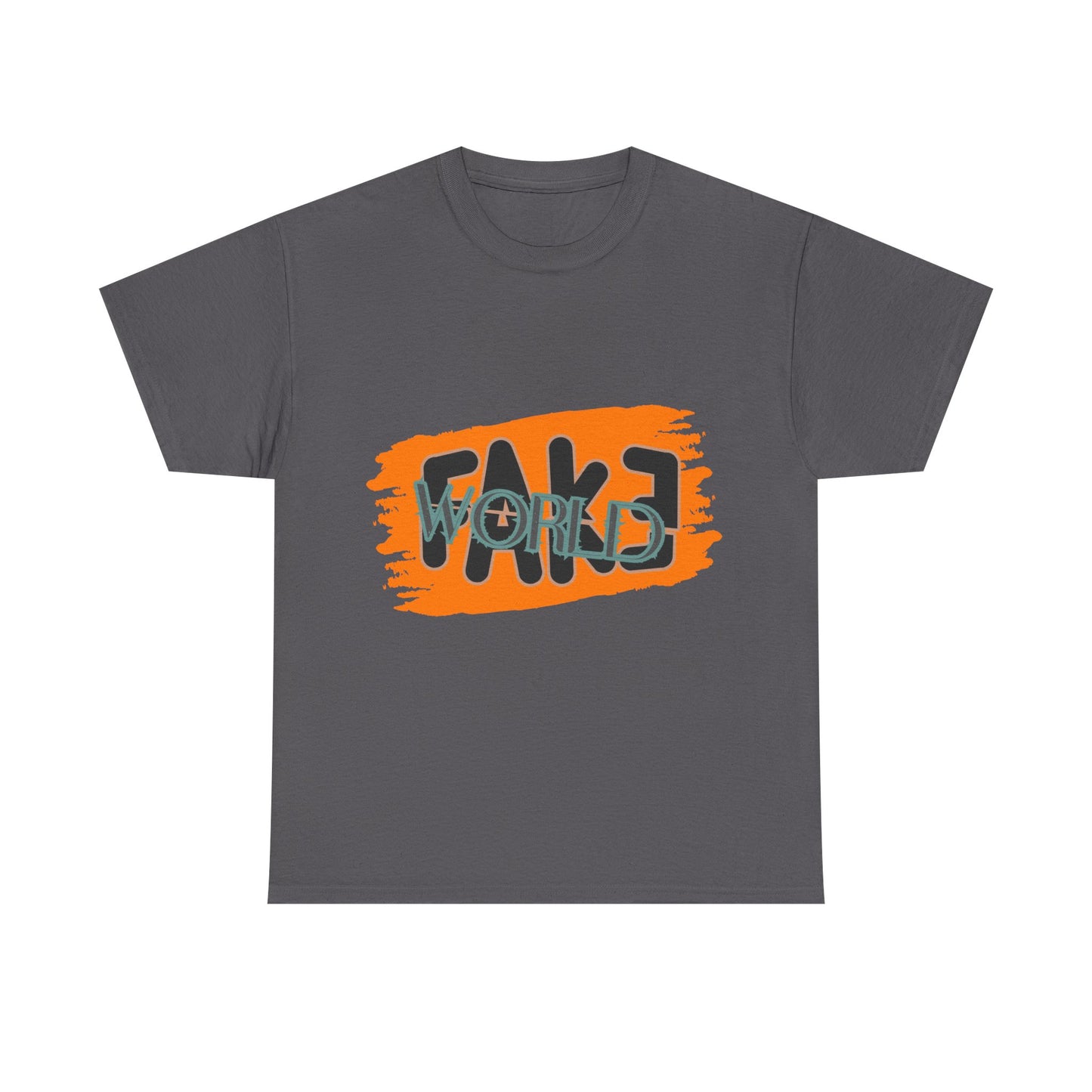 Trendy Graphic Tee - Unisex Heavy Cotton Tee with 'FAKE WORLD' Design, Casual Wear, Gift for Friends, Street Style, Summer Fashion