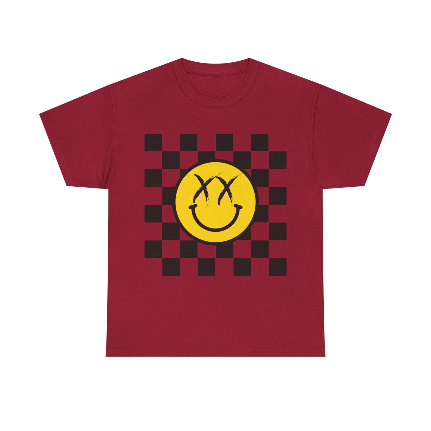 Retro Smile Unisex Tee - Vintage Style Checkered Graphic Shirt, Casual Wear, Streetwear, Gift for Friends, Music Lovers, Men & Women