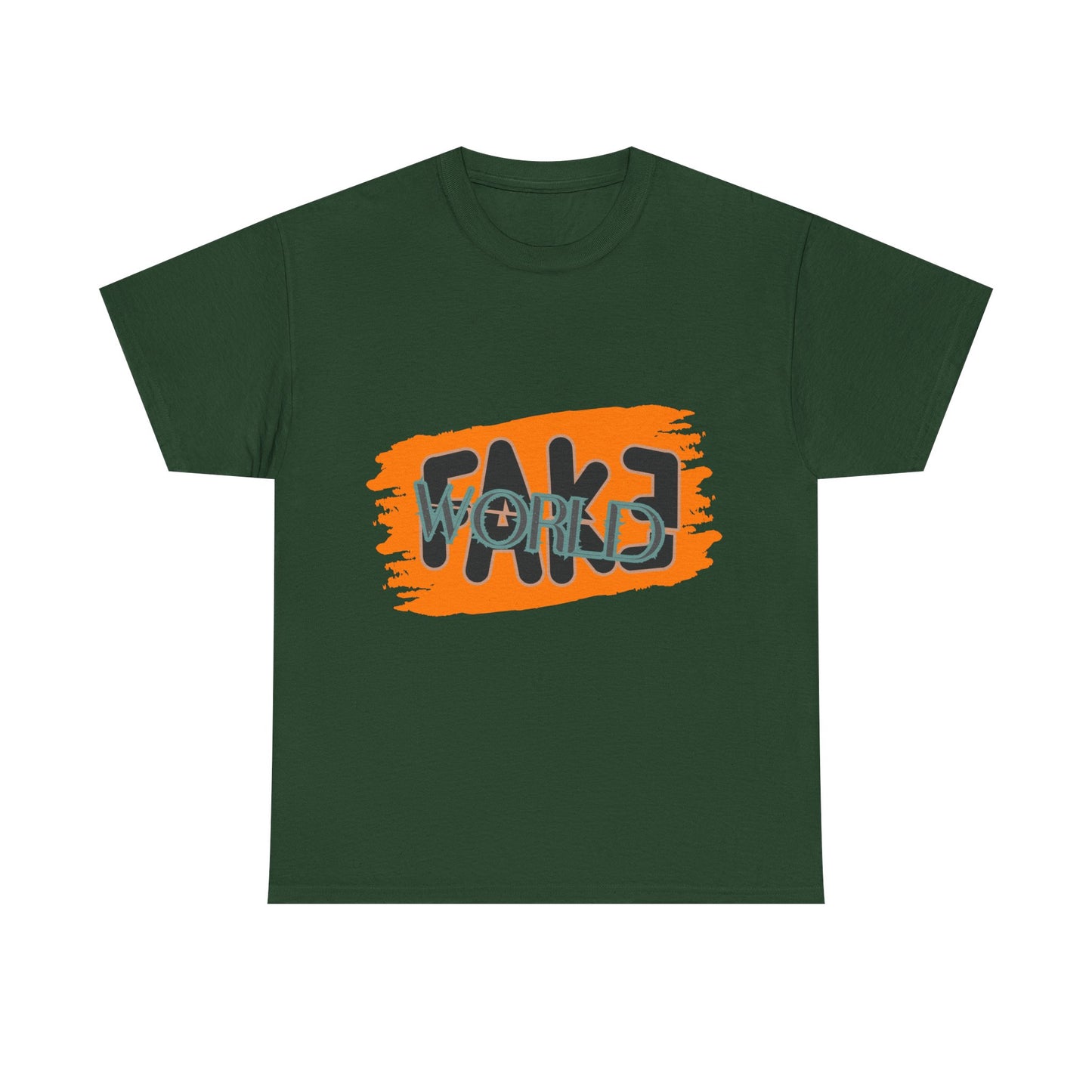 Trendy Graphic Tee - Unisex Heavy Cotton Tee with 'FAKE WORLD' Design, Casual Wear, Gift for Friends, Street Style, Summer Fashion