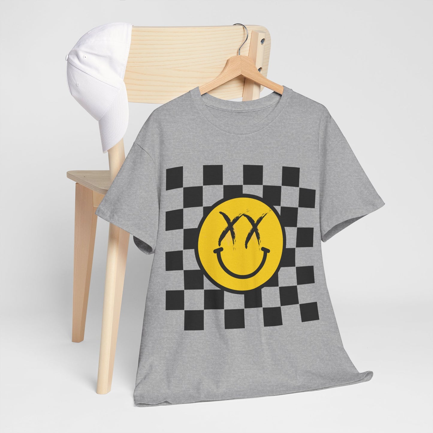 Retro Smile Unisex Tee - Vintage Style Checkered Graphic Shirt, Casual Wear, Streetwear, Gift for Friends, Music Lovers, Men & Women