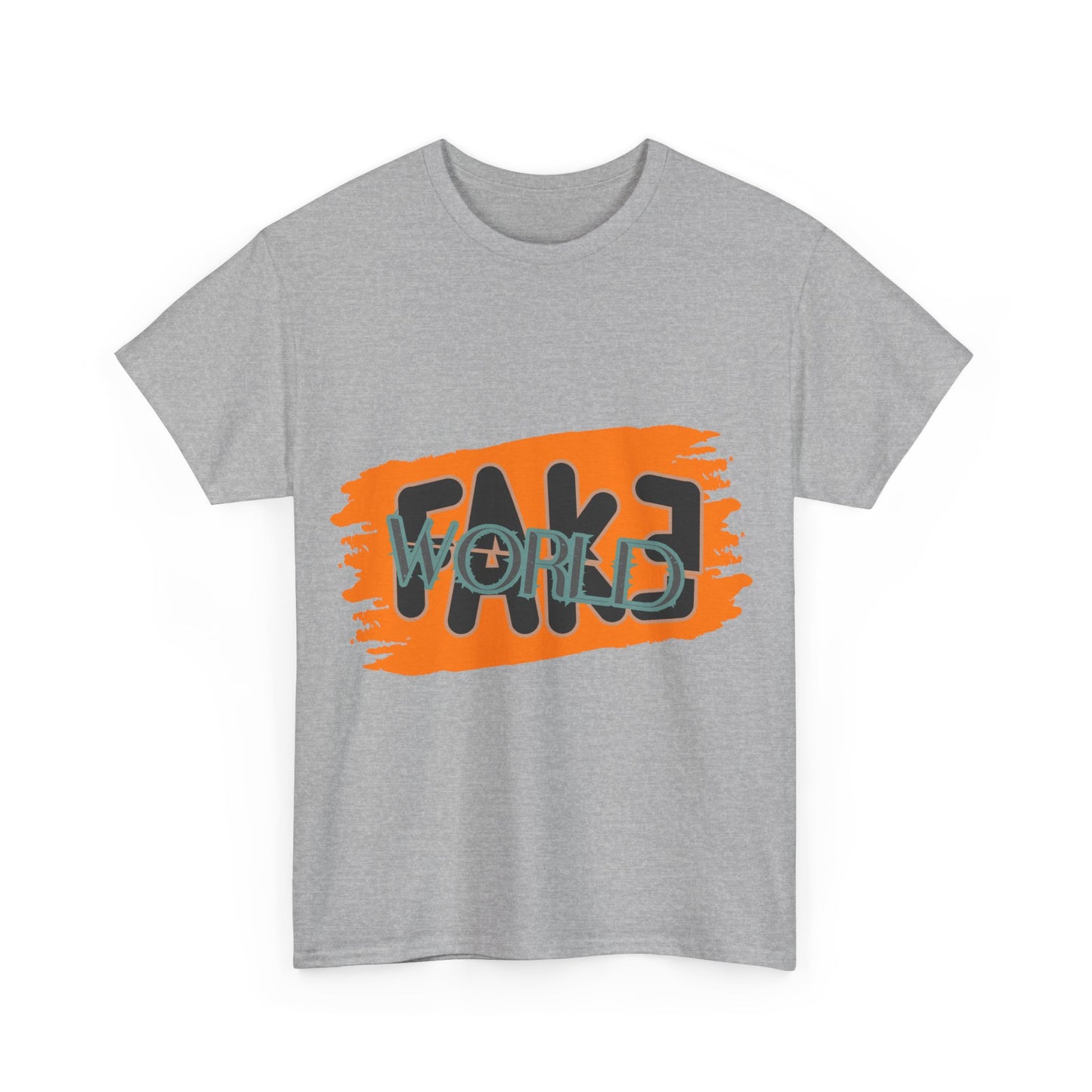Trendy Graphic Tee - Unisex Heavy Cotton Tee with 'FAKE WORLD' Design, Casual Wear, Gift for Friends, Street Style, Summer Fashion