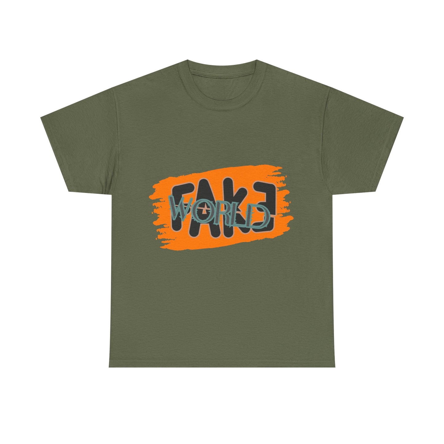 Trendy Graphic Tee - Unisex Heavy Cotton Tee with 'FAKE WORLD' Design, Casual Wear, Gift for Friends, Street Style, Summer Fashion