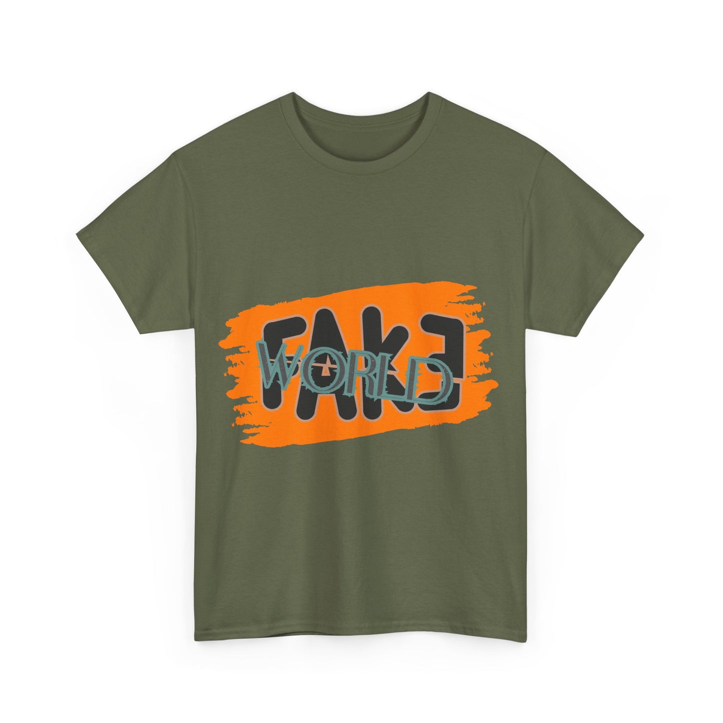Trendy Graphic Tee - Unisex Heavy Cotton Tee with 'FAKE WORLD' Design, Casual Wear, Gift for Friends, Street Style, Summer Fashion