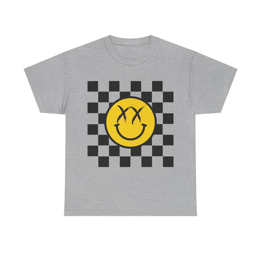 Retro Smile Unisex Tee - Vintage Style Checkered Graphic Shirt, Casual Wear, Streetwear, Gift for Friends, Music Lovers, Men & Women