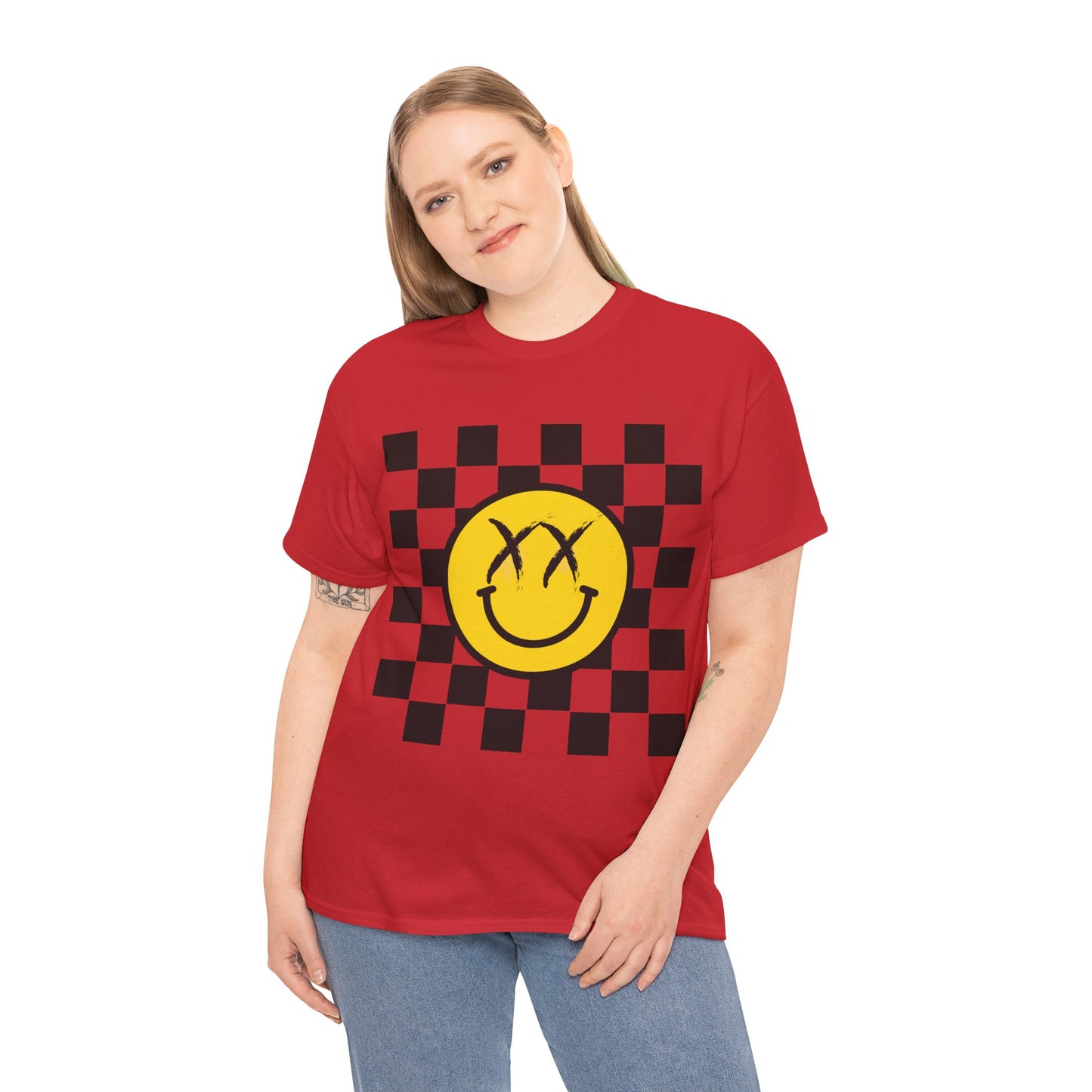 Retro Smile Unisex Tee - Vintage Style Checkered Graphic Shirt, Casual Wear, Streetwear, Gift for Friends, Music Lovers, Men & Women