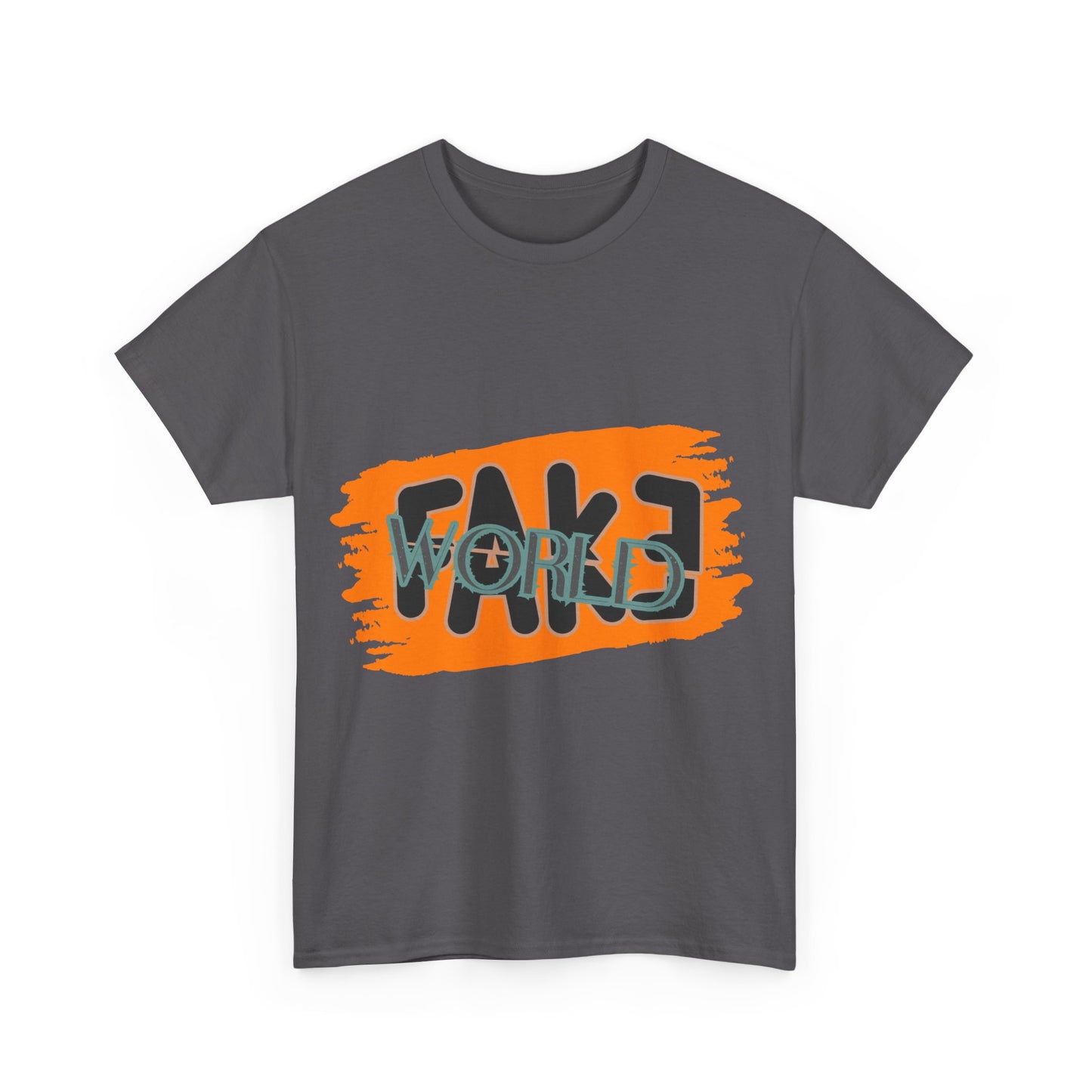 Trendy Graphic Tee - Unisex Heavy Cotton Tee with 'FAKE WORLD' Design, Casual Wear, Gift for Friends, Street Style, Summer Fashion