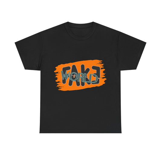 Trendy Graphic Tee - Unisex Heavy Cotton Tee with 'FAKE WORLD' Design, Casual Wear, Gift for Friends, Street Style, Summer Fashion